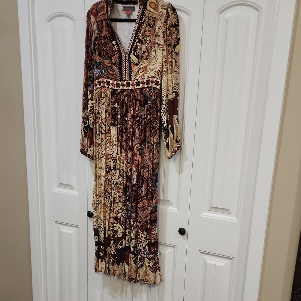 Bohemian Long-Sleeve Maxi Dress in Brown and Cream